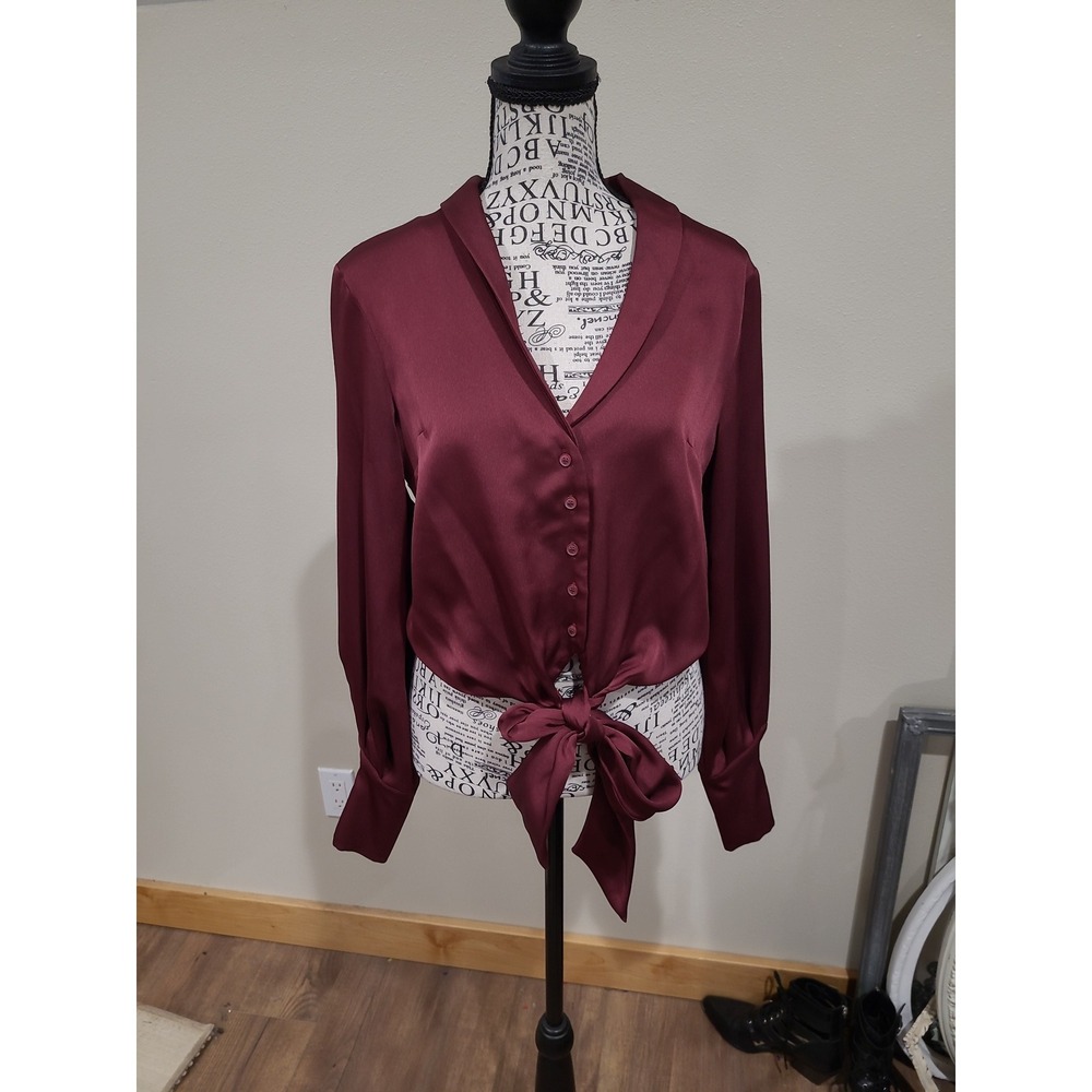 Top Shop button up Front tie Satin blouse Wine office work chic Women‎ SZ 6